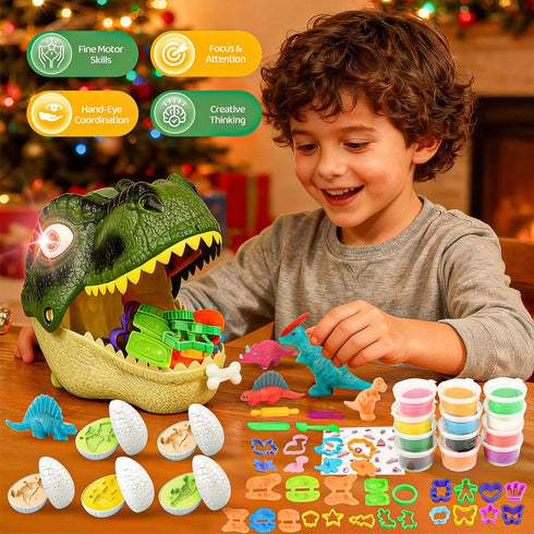 Playset, 55PCS 3-8 Dinosaur Toys Kids Dough Dino Toys Kit with Molds & Clay, Make Dinosaurs or Create Your Own Models