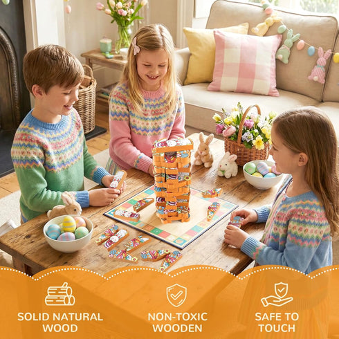 Y-FABKKI Easter Wooden Blocks Stacking Games, Bunny Egg Basket Theme Tumbling Tower and Balance Game for Adults, Kids