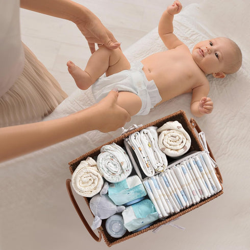 HBlife Diaper Caddy Organizer, Large Hand-Woven Storage Basket for Diapers & Baby Essentials - Elegant Curved Design