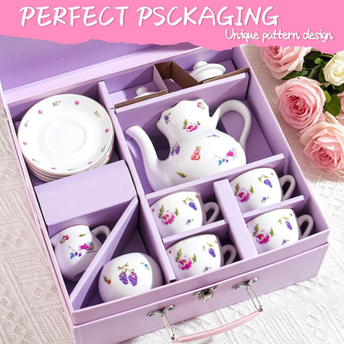 Set 3-8, Set TUZT Tea Party for Little Girls Ages White Floral Porcelain Tea with Gold Trim Edges, Princess Tea Time