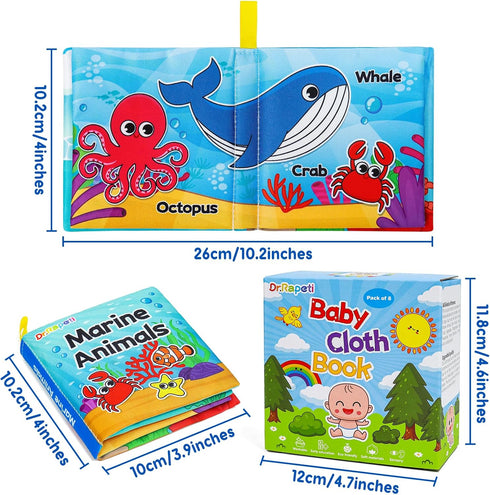 Dr.Rapeti Soft Cloth Books Baby Books Bath Books 8-Pack for Baby Infant Toddler Kid Crinkle Washable Chewable Non-Toxic Early Educational Preschool Learning Giftable