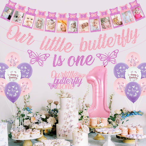 1st 1st Butterfly Birthday Decorations for Girls Pink Purple Our Little Butterfly is One Banner Cake Topper Photo