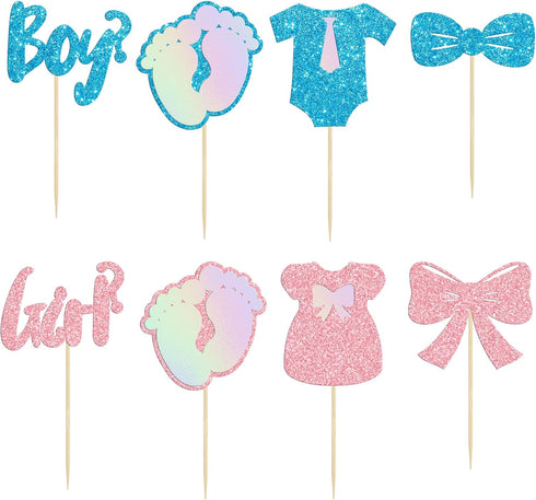 Gyufise 24 Pack Cupcake Toppers, Glitter Onesie Jumpsuit Footprint Bow Tie Picks for Baby Shower Birthday