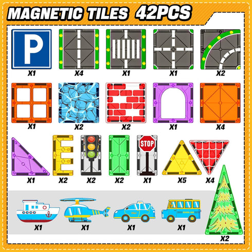 Set 3-5 4-8 5-7 Pack 42pcs KAEILORU Magnetic Tiles Road with Car Magnet Building Tile Toys for Kids Ages Magnetic