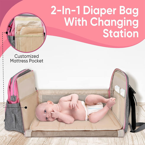 ARIBAGGI Backpack Backpack Grey Pink Baby Diaper Bag with Changing Station for Boy & Girl, Multifunction Large Diaper