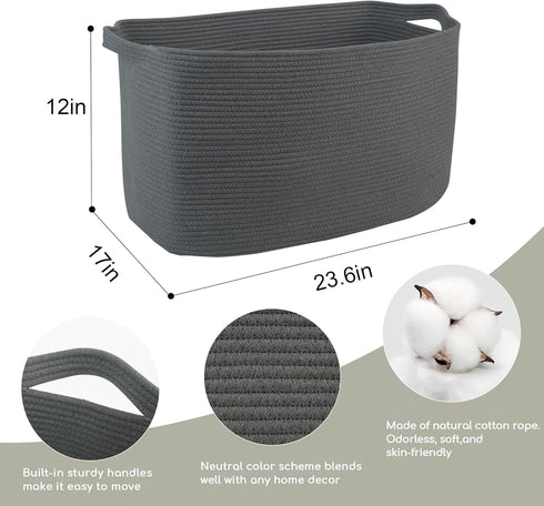 Extra Large Rope Basket, 23.6" x 17" x 12" Wicker Baby Laundry Basket, Kids Toy Storage, Dark Grey