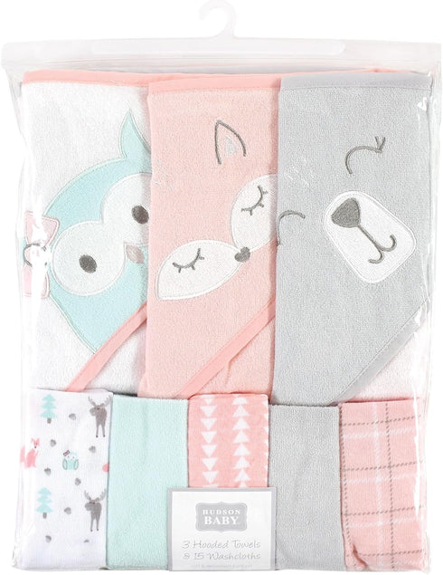 3pk 15 Hudson Baby Unisex Baby Animal Hooded Towel and Washcloths, Girl Woodland, One Size