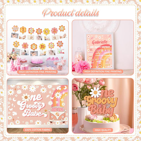 Hombae Groovy One Birthday Decorations, Hippie Daisy First Party Decor, Boho Themed Backdrop Balloon Monthly Photo