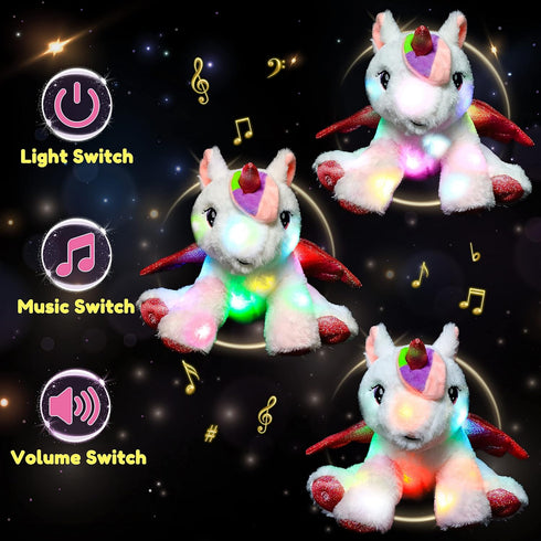 11'' Hopearl LED Musical Stuffed Unicorn Adorable Lighting Up Singing Plush Toy Adjustable Volume Lullaby Animated