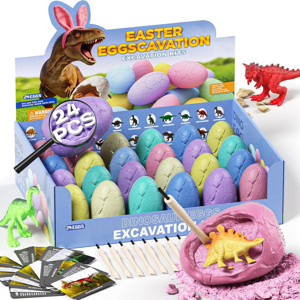 24 Pack Colorful Dinosaur Eggs Excavation Kit with Learning Cards - Dino