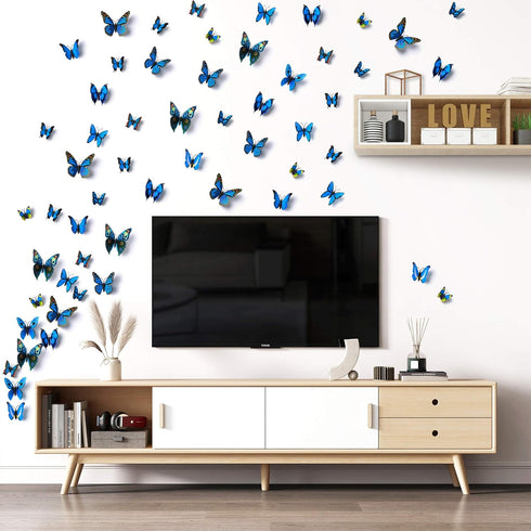 LiveGallery 72 PCS Removable 3D DIY Beautiful Butterfly Wall Decals Blue Butterflies Art Decor for Kids Bedroom