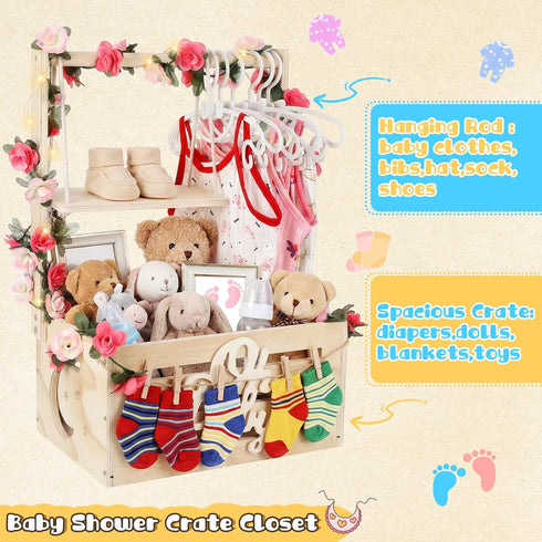 XIEJ Closet, 6 6 Wooden Baby Shower Crate Personalized Baby Gift Basket with Adjustable Handle, Include String Lights