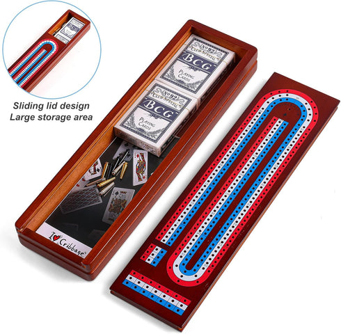 Set 3 9 2 Sets Cribbage Board Game with Large Storage Area, Solid Wood Track Cribbage Board, Metal Pegs, Playing Cards