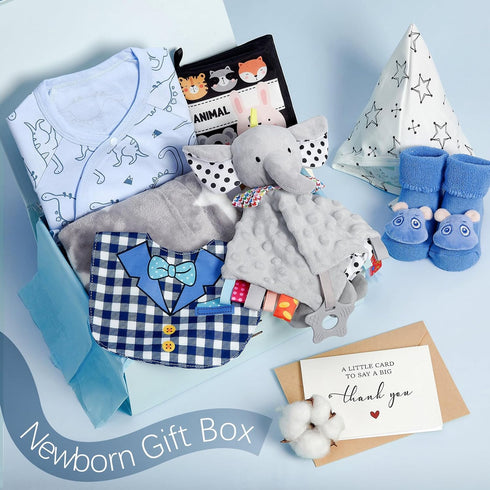 9pcs Golray Baby Shower Gifts for Boys Newborn Kit, Blanket/Elephant Soothe/Fabric Book/Bodysuit/Bib/Sock/Hat/Greeting