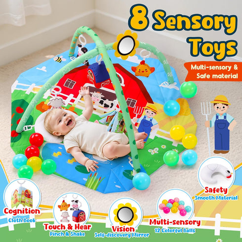 Windidi 9-in-1 Tummy 7 0-3-4-6-9-12 Farm Animal Baby Gym Play Mat, Time Mat with Baby Toys, Washable Baby Activity Mat