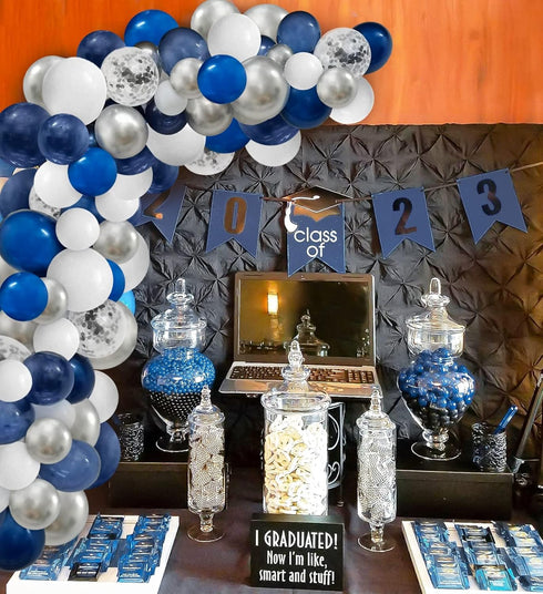 124pcs Blue Silver White Balloons Garland Arch Kit, 5/10/12/18 Inch Set for Birthday Wedding Graduation Party Decor