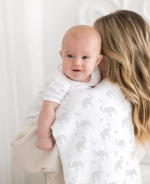 Marquisette Receiving Swaddle Blanket, SwaddleDesigns, Soft Premium Cotton Muslin, Elephant and Pastel Blue Chickies,