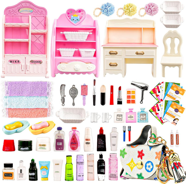 WEHOO 74Pcs Dollhouse Acessories Furniture Mini Cabinet with Drawers Case Handbag Towel Cosmetic