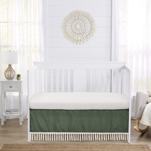 Sweet Jojo Designs Dark Green Boho Chic Girl Boy Unisex Baby Crib Bed Skirt Nursery Dust Ruffle Solid Sage Hunter Ivory