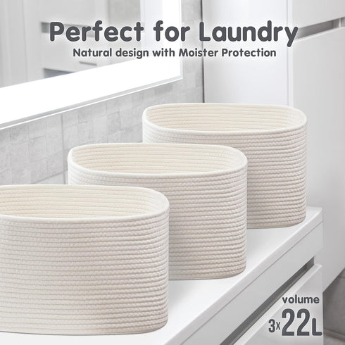 CHAT BLANC Cotton Rope Baskets for Organizing, Small Laundry Baskets, Woven Storage Bins, Creamy White 3 Pack