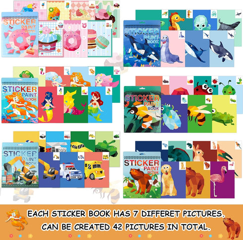 6 4-8 PCS Sticker by Number Sticker Paint Books for Kids Boys Girls Ages Ocean Animals Vehicles Desserts Mermaids