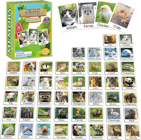 gisgfim 100 PCS Memory Matching Game Animal Babies Concentration Memory Card Educational