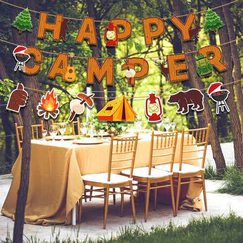 Camping Party Banner, Happy Camper Fun House Banner with Campfire Tent for Birthday Party Decorations
