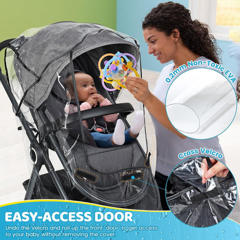 Universal Clear Stroller Rain Cover, No-zip Waterproof Stroller Cover - Food Grade EVA, Baby Travel Weather Shield, Breathable Rain Cover for Most Single Strollers, Joggers Accessories for Rain, Black