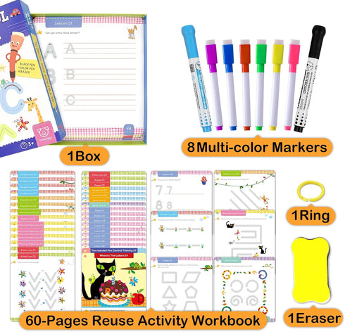 60 3 4 5 Preschool Learning Activities Reusable Pages, Tracing Letter Number Handwriting Practice Book for Kids