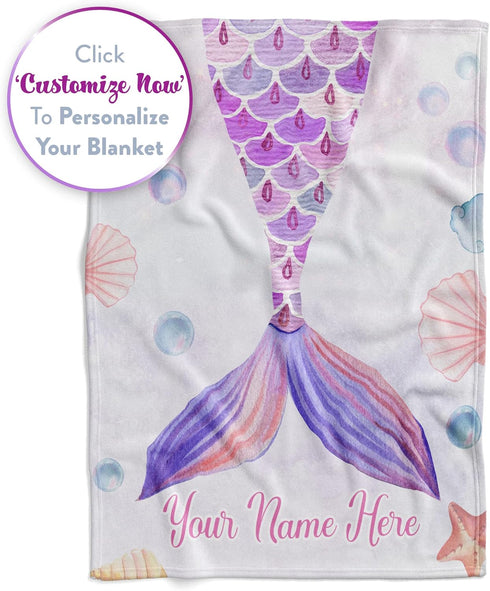 60x80) Personalized Blanket for Girls | Custom Mermaid Fleece Throw | Purple Kids Throw | Baby Girl Blanket for Room