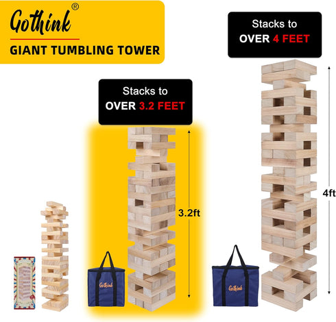 3.2 60pcs GOTHINK Giant Tumble Tower Game, Large Tumbling Tower Stacking to Over FT Wooden Jumbo Blocks for Outside