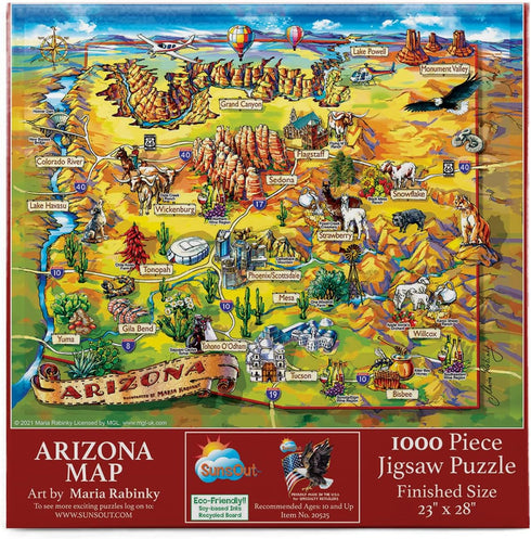 SUNSOUT INC - Arizona Map 1000 pc Jigsaw Puzzle by Artist Maria Rabinky, Finished Size 23" x 28"