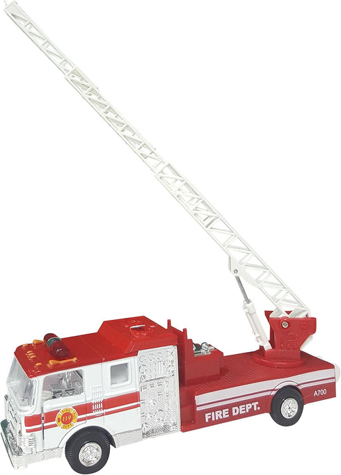 Children's Collectible Die-Cast Metal Pull-Back Action & Sound Fire Engine Truck with Ladder (Red)