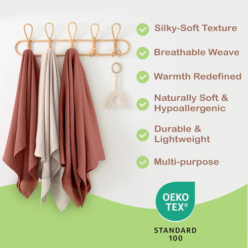 100% 47 47 Inch Cozy Organic Cotton Muslin Baby Blanket - x Breathable Swaddle Blankets, Hypoallergenic Double-Layer
