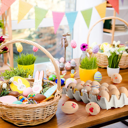 60 Beeveer Pcs Wooden Eggs for Crafts Unpainted Eggs with Blank Egg Cartons, Wooden Fake Food Egg to Paint for Easter
