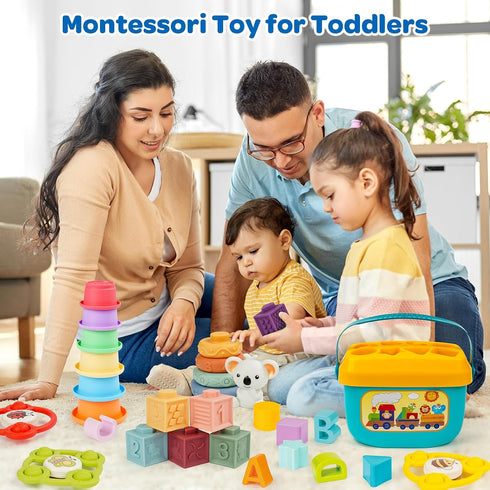 61218 1+ Montessori Toys for Babies Ages Months with Sensory Shape Sorter Matching Game Box Stacking Cups Soft Ring