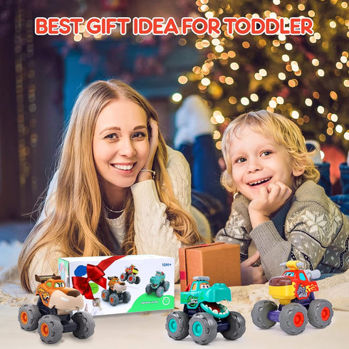 Toy Cars For 1 2 3 Year Old - 3 Pack Monster Truck Toy - Push & Go Crocodile Friction Powered Bull Pull Back Leopard