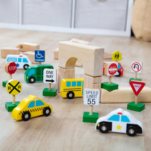 Melissa & Doug 6 Cars and 9 Traffic Signs Wooden Vehicles Set