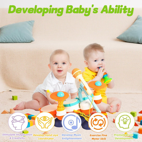 Set 1-3, Set 1 2 3 Toddler Drum for Toddlers Upgraded Baby Drum with Microphone, Adjustable Cymbals & Stable Base, Soft