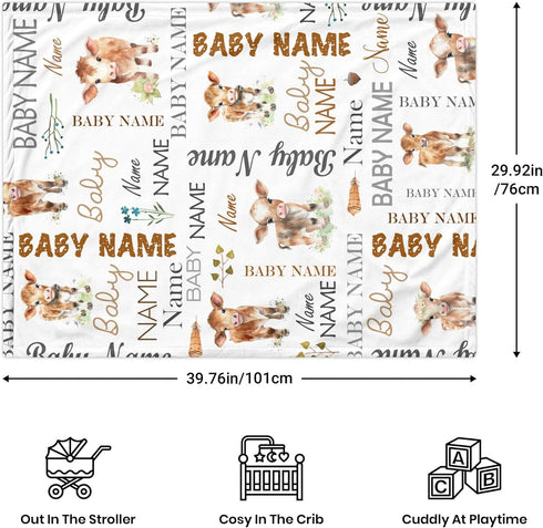 Novusopt Monogrammed Personalized Baby Blanket for Boys Cow Receiving Blanket Customized Soft Flannel