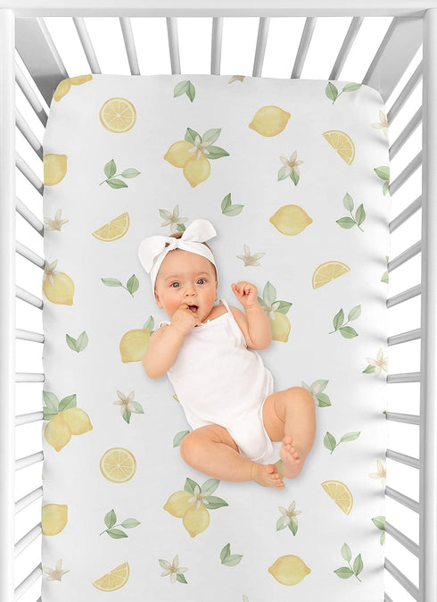 Sweet Jojo Designs Lemon Floral Girl Fitted Crib Sheet - Baby or Toddler Bed Nursery, Yellow Green Beige White