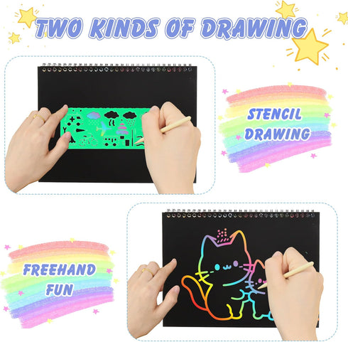 VVSBPL 2 Pack 3-10 Scratch Art Crafts Kit for Kids Rainbow Scratch Paper Notebooks with Wooden Styluses and Drawing