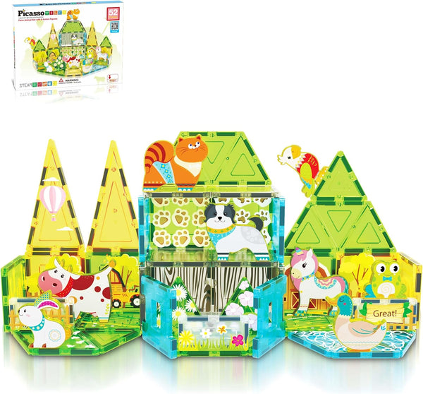 PicassoTiles 8 Character Farm Animal Toy Set with Magnetic Tiles, STEM Learning Kit for Kids Age 3+ PTQ17