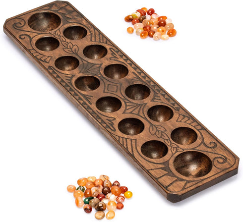Yellow Mountain Imports Mancala Set with 17.3-Inch Solid Wood Board and Quartz