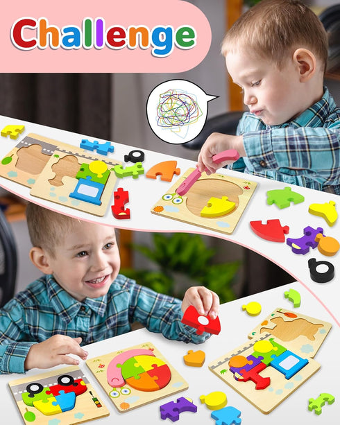 8 Pack Wooden Toddler Puzzles Gifts for Boys Girls Age 1-3, Montessori Educational Developmental Learning Travel Toy