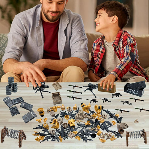Military Weapon Pack Army Accessories Kits - 200+ pcs Toys Include Camouflage Guns, Shields, E.O.D Suits for Building