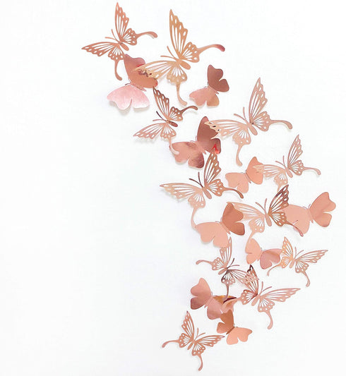 pinkblume Rose Gold Butterfly 3D Wall Decals, DIY Removable Metallic Paper Butterflies for Home Decorations (48PCS)
