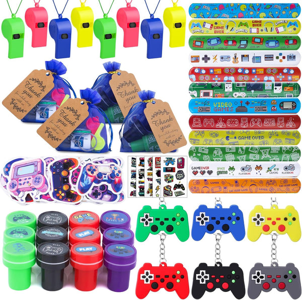 134 Pcs Video Game Party Favors, Includes Slap Bracelet, Keychain, Stamper, and Stickers for Kids Birthday Goodie Bags