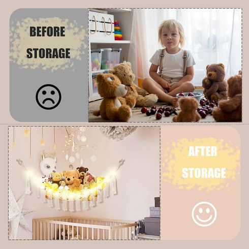 Stuffed Animal Hammock with LED Light, Toy Storage for Kids Room Decor, White