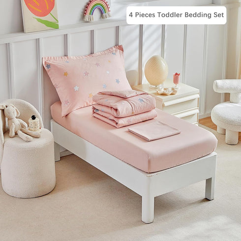 Set Girls,4 Sets,Pink Set,Includes DuShow Cotton Toddler Bedding for Piece Toddler Bed Star Pattern Kids Comforter